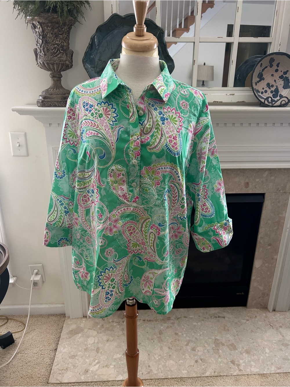 Foxcroft Green Paisley Collared Blouse with Pink & Blue Accents